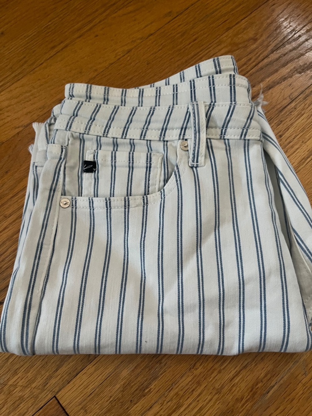 Kancan High Rise Rylee Bermuda Shorts in a white and blue striped